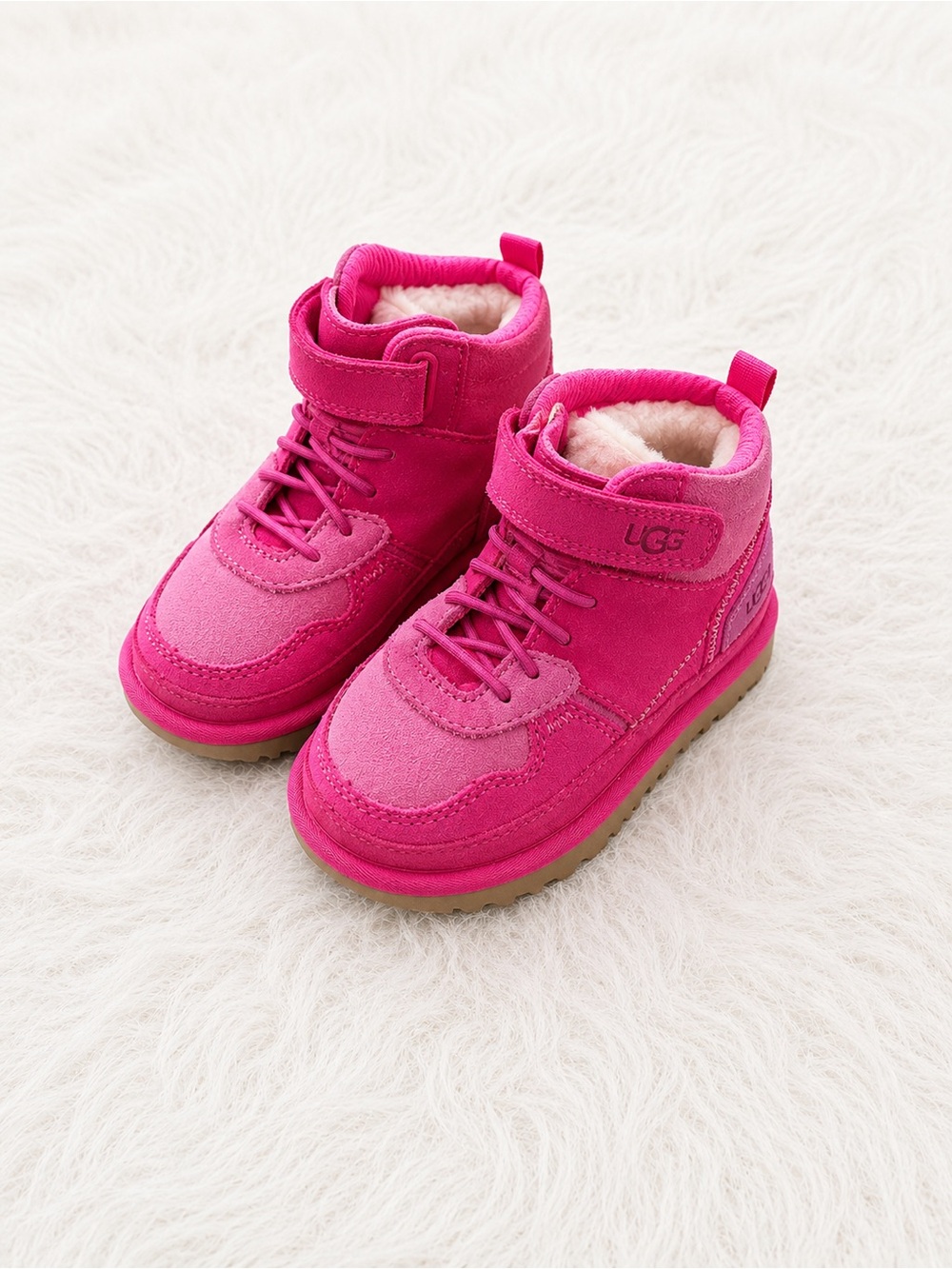 UGG Kids Bright Pink Suede Lace-Up Hook-and-Loop Ankle Boots